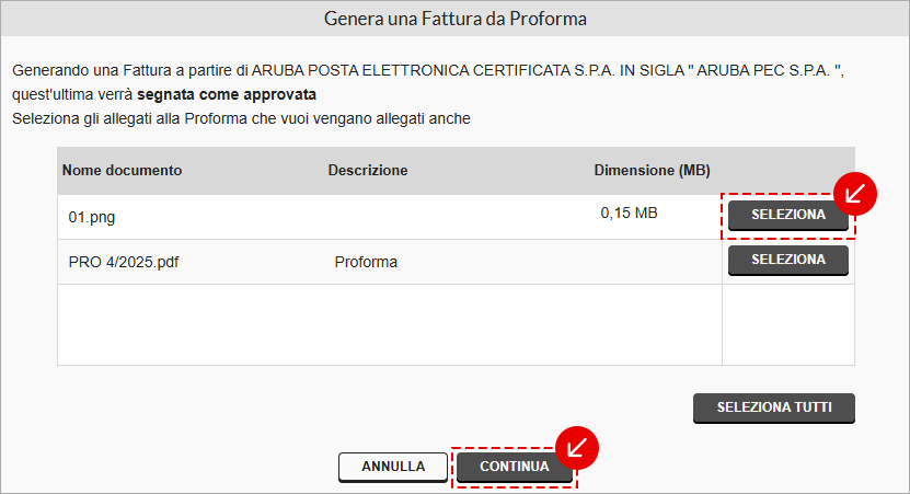 Selezione allegati della proforma da includere nella fattura