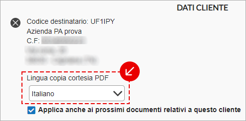 Sezione Dati cliente con selezione della lingua per la copia cortesia PDF