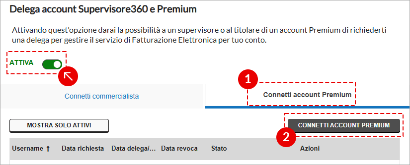 Tab Connetti account Premium con pulsante Connetti account Premium