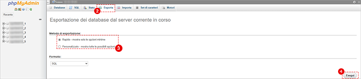 phpMyAdmin: pagina Esporta del server; scelta metodo Rapido/Personalizzato e pulsante Esegui.