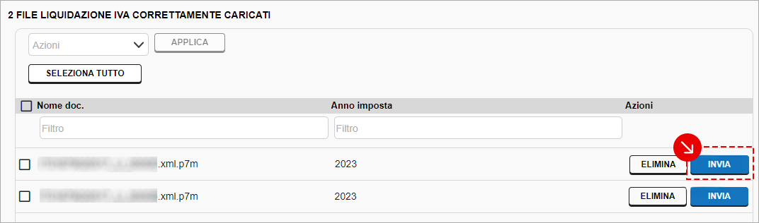 Sezione Liquidazione IVA con dettaglio del file selezionato e stati Preso in carico, Inviato e Validato