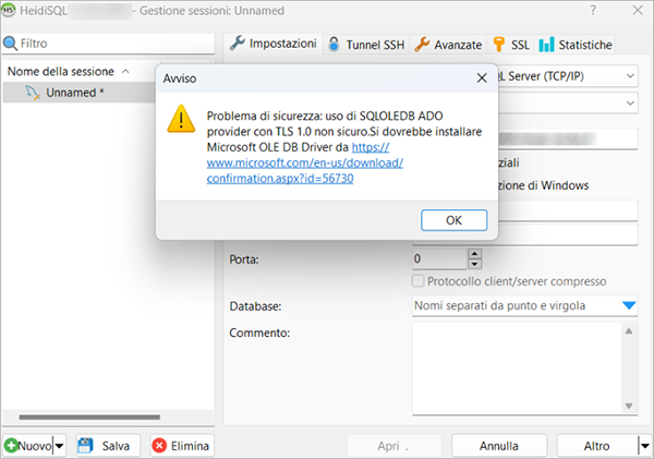 HeidiSQL – Avviso di sicurezza: TLS 1.0 non sicuro con provider SQLOLEDB; installa Microsoft OLE DB Driver. Pulsante OK.