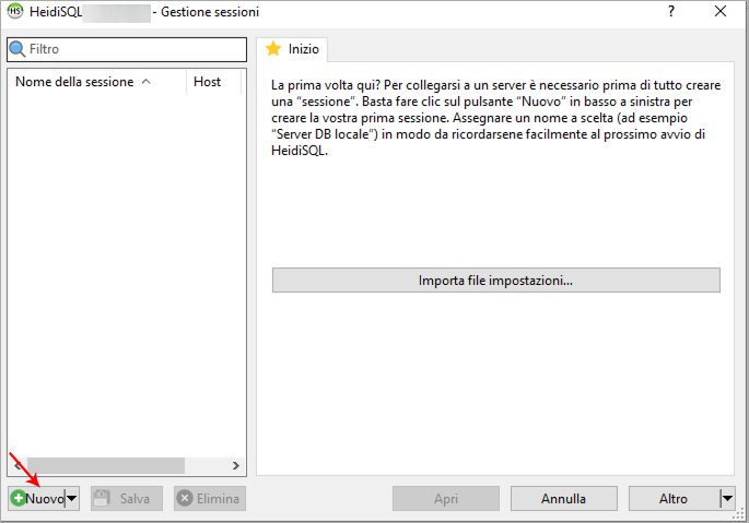 HeidiSQL – finestra Gestione sessioni con elenco vuoto; freccia indica il pulsante Nuovo in basso a sinistra.