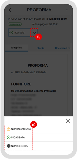 Cambio stato incasso della proforma nell’app
