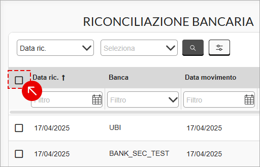 Checkbox per selezionare tutti i movimenti nella tabella Riconciliazione bancaria