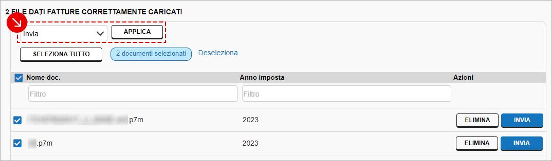Selezione massiva dei file Dati Fatture 