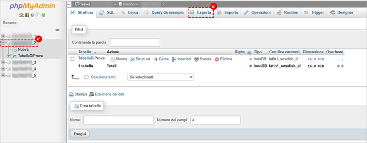 Schermata phpMyAdmin: database selezionato a sinistra, scheda Esporta evidenziata nella barra in alto.
