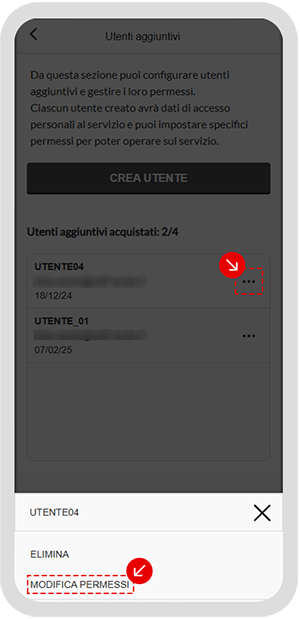 Modifica permessi utente aggiuntivo nell’app