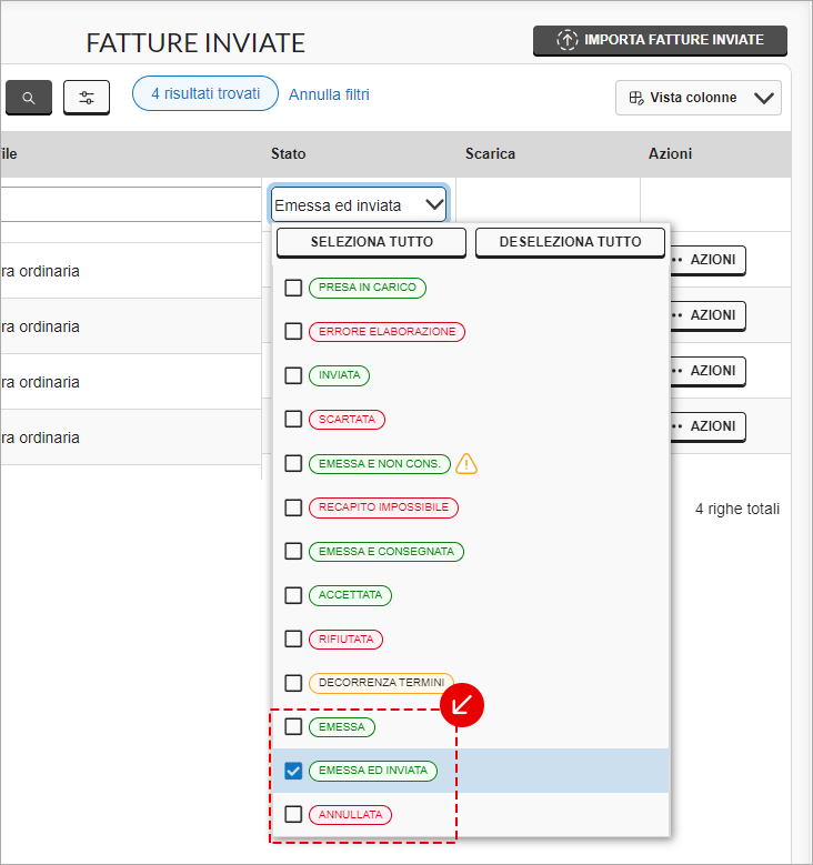 Filtro per stato nelle fatture inviate con selezione dello stato Emessa ed inviata