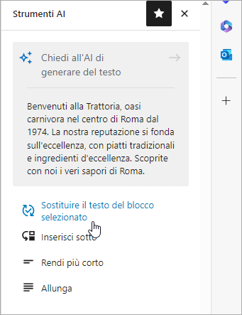 WordPress: pannello Strumenti AI con anteprima testo; puntatore su Sostituire il testo del blocco selezionato.