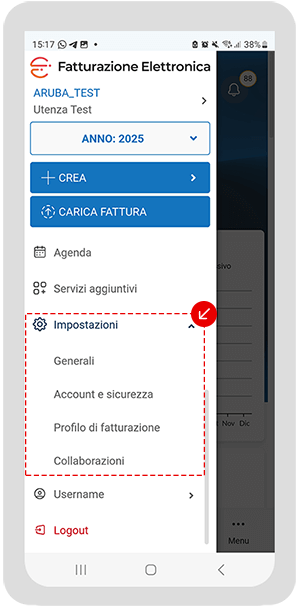 Sezione Impostazioni dell’app con le voci Generali, Account e sicurezza, Profilo di fatturazione e Collaborazioni