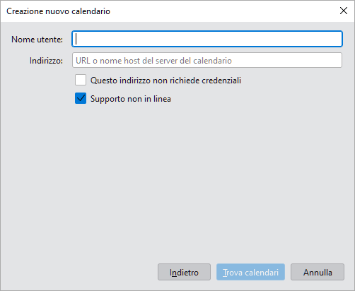 Schermata Thunderbird per configurazione calendario con campi Nome utente e Indirizzo, opzione Supporto non in linea selezionata