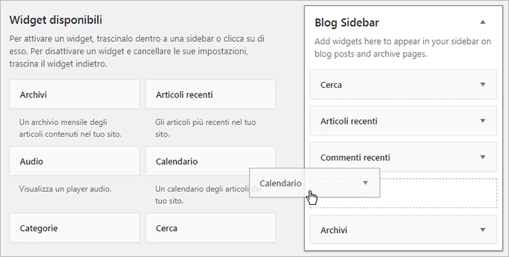 WordPress: trascinamento del widget Calendario da Widget disponibili a Blog Sidebar per aggiungerlo alla barra laterale.