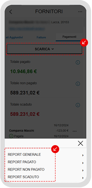 Menu Scarica report pagamenti nell’app