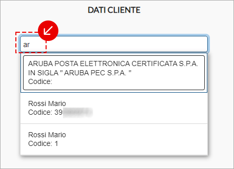 Campo di ricerca cliente con elenco di risultati suggeriti
