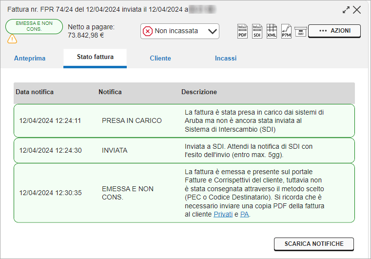 Stato della fattura inviata con indicazione Emessa e non consegnata e dettaglio delle notifiche