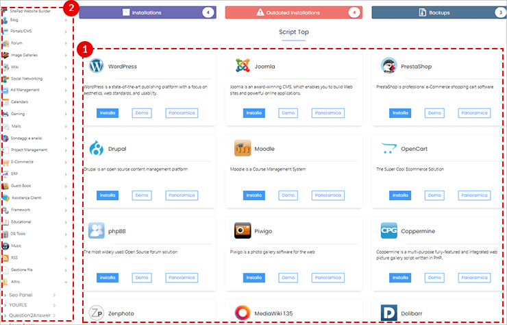 Installer applicazioni: elenco CMS (WordPress, Joomla, PrestaShop…) con pulsante Installa; menu categorie a sinistra.