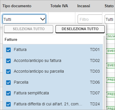 Filtro per tipo di documento con elenco delle categorie disponibili