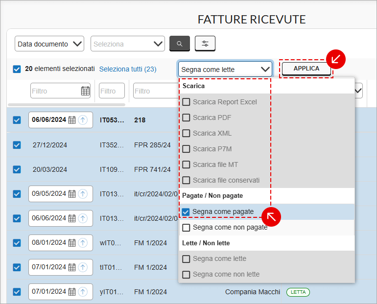 Azioni di massa nelle fatture ricevute con opzione per segnare come pagate