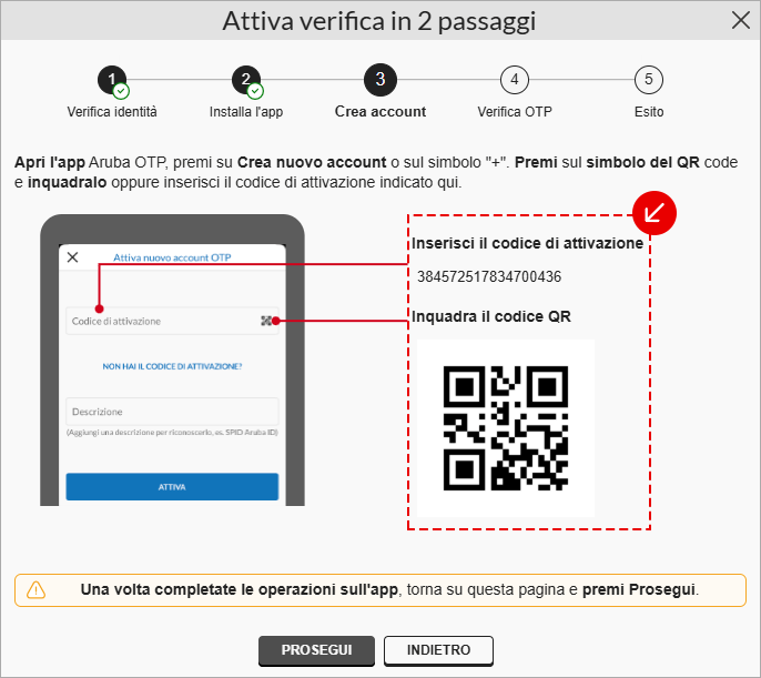 Creazione account OTP: inserimento codice di attivazione o scansione QR code
