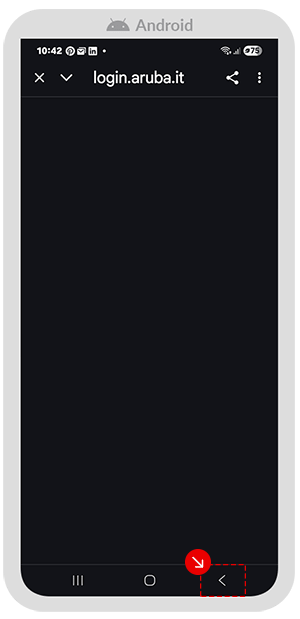 Schermata scura nell’app Aruba PEC visibile all’apertura di login.aruba.it e tasto Indietro evidenziato