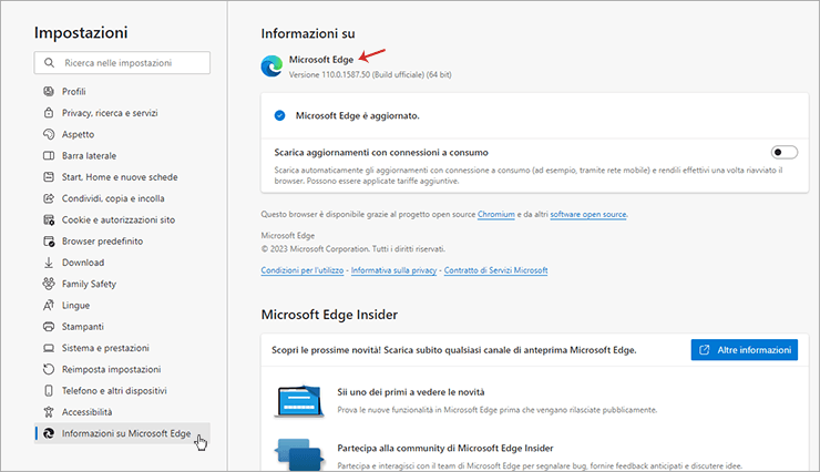 Sezione Informazioni su Microsoft Edge con versione del browser e stato di aggiornamento
