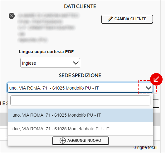 Selezione della sede di spedizione nei dati cliente