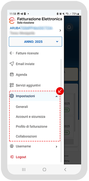 Sezione Impostazioni nell’app