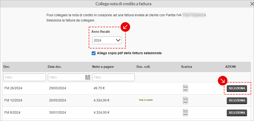 Elenco fatture con pulsante Seleziona per collegare una nota di credito evidenziato