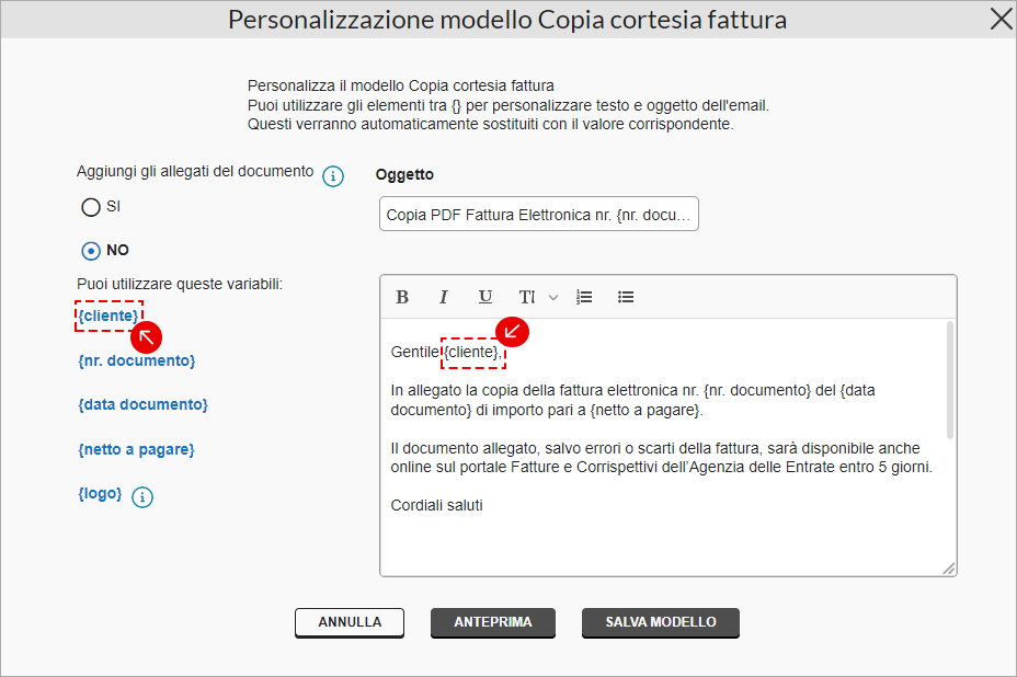 Personalizzazione del modello email per la copia cortesia con variabili dinamiche