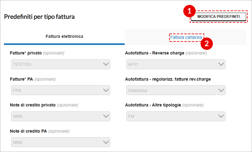Sezione Predefiniti per tipo fattura con pulsante Modifica predefiniti e tab Fattura cartacea selezionato
