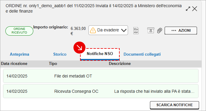 Sezione notifiche NSO dell’ordine elettronico