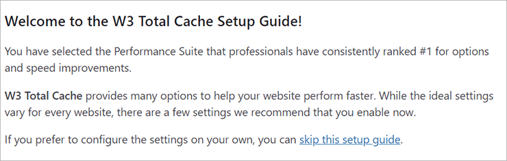 W3 Total Cache Setup Guide: benvenuto con testo introduttivo e link per saltare la configurazione.