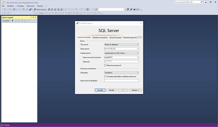SSMS: finestra Connetti al server con campi server, autenticazione SQL Server, utente, password e pulsante Connetti.