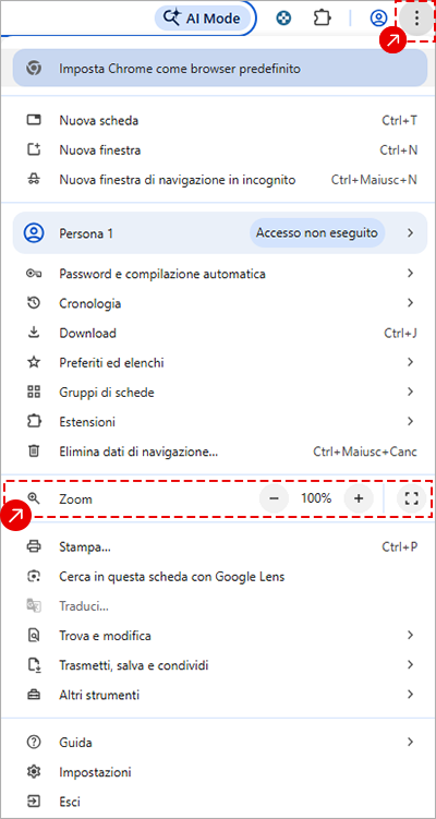 Menu di Google Chrome con opzioni Zoom aperte per ridurre o aumentare la dimensione della pagina