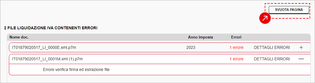 Sezione con 2 file di liquidazione IVA contenenti errori