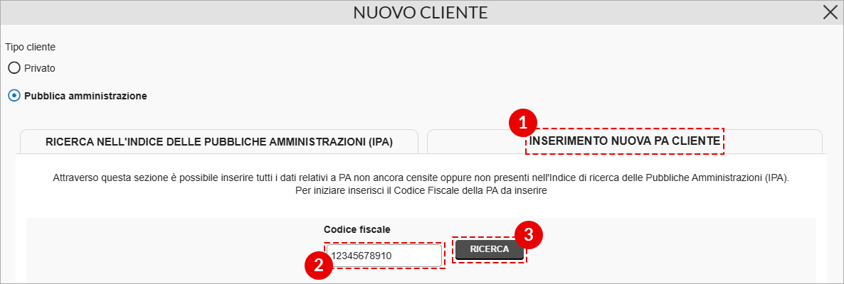 Inserimento nuova PA cliente con campo codice fiscale e pulsante Ricerca
