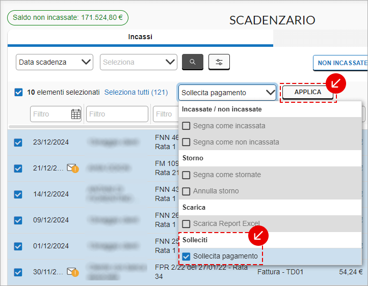 Menu azioni Scadenzario con opzione Sollecita pagamento e pulsante Applica