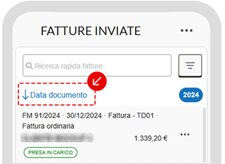 Schermata dell’app con opzioni di ordinamento delle fatture inviate