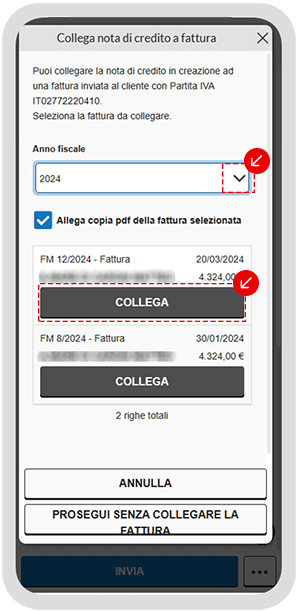 Schermata per collegare una nota di credito a una fattura con selezione dell’anno fiscale e pulsante Collega