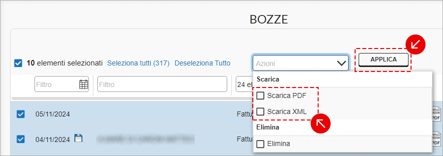 Menu Azioni nelle bozze con opzioni Scarica PDF, Scarica XML ed Elimina