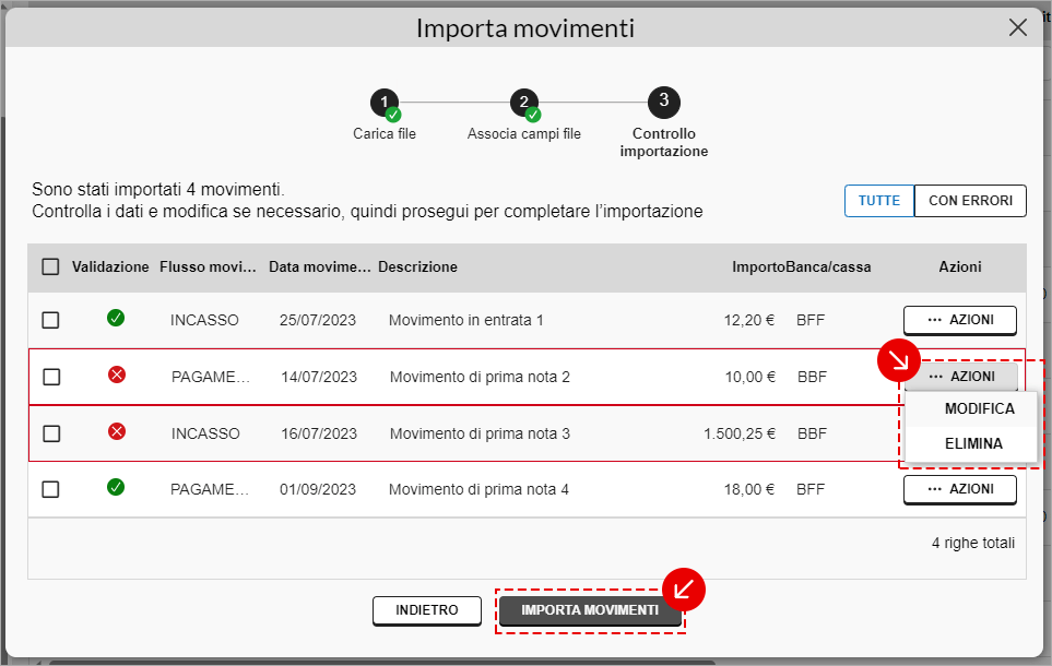 Controllo importazione movimenti con azioni Modifica o Elimina