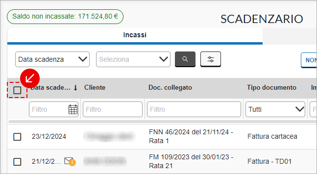 Checkbox selezione tutti nella lista Scadenzario