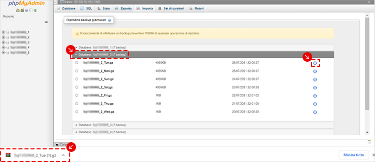 phpMyAdmin: Ripristino backup giornalieri; 1 seleziona database, 2 info backup, 3 nome file scelto mostrato in basso.