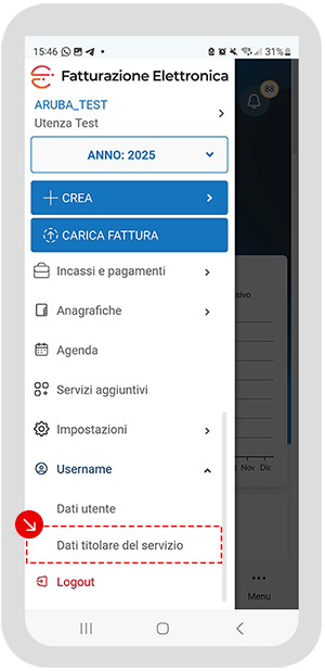 Menu dell’app Fatturazione Elettronica con voce Dati titolare del servizio evidenziata
