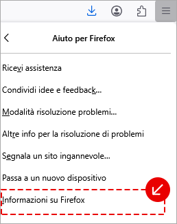 ScMenu Aiuto per Firefox con voce Informazioni su Firefox selezionata per visualizzare i dettagli del browser