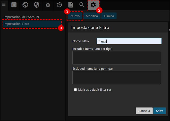 Finestra Impostazione Filtro: Nome Filtro “*.aspx”; campi Included/Excluded items; opzione default; pulsanti Cancella e Salva.