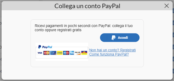 Popup collega conto PayPal con pulsante Accedi