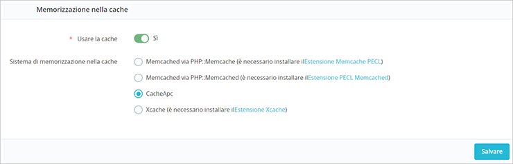 Memorizzazione nella cache: “Usare la cache” attivo, selezionata CacheApc; presenti link alle estensioni; pulsante Salva.