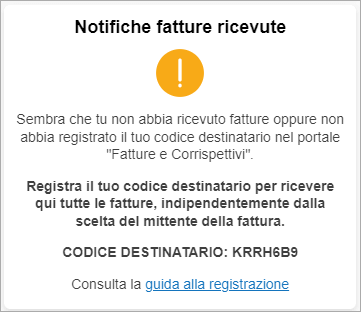 Avviso sulle notifiche delle fatture ricevute con invito a registrare il codice destinatario